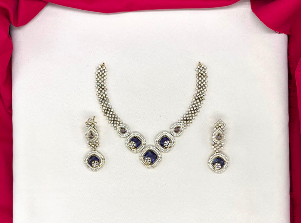 American Diamond Cubic Zirconia With Blue stone Short Necklace