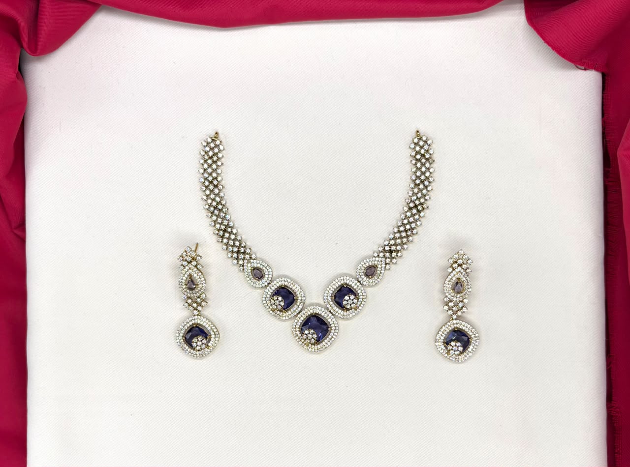 American Diamond Cubic Zirconia With Blue stone Short Necklace
