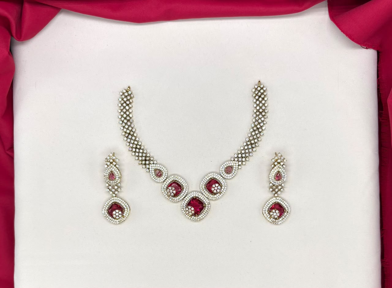 American Diamond Cubic Zirconia With Red stone Short Necklace