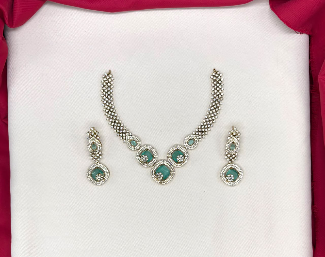 American Diamond Cubic Zirconia With mint green stone Short Necklace