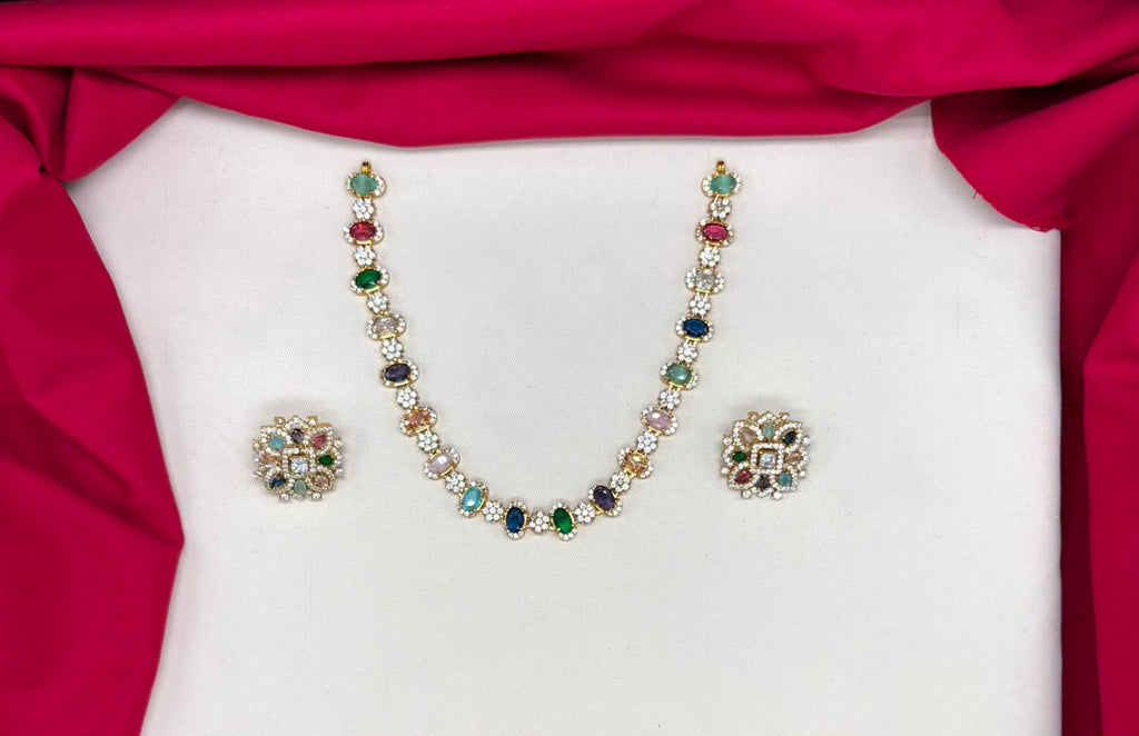 matte finishing Navratna multicolor stones floral design Short Necklace