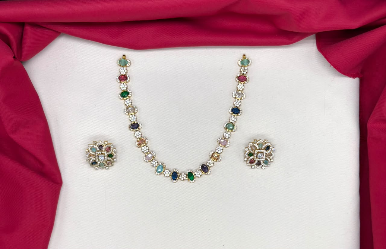 matte finishing Navratna multicolor stones floral design Short Necklace