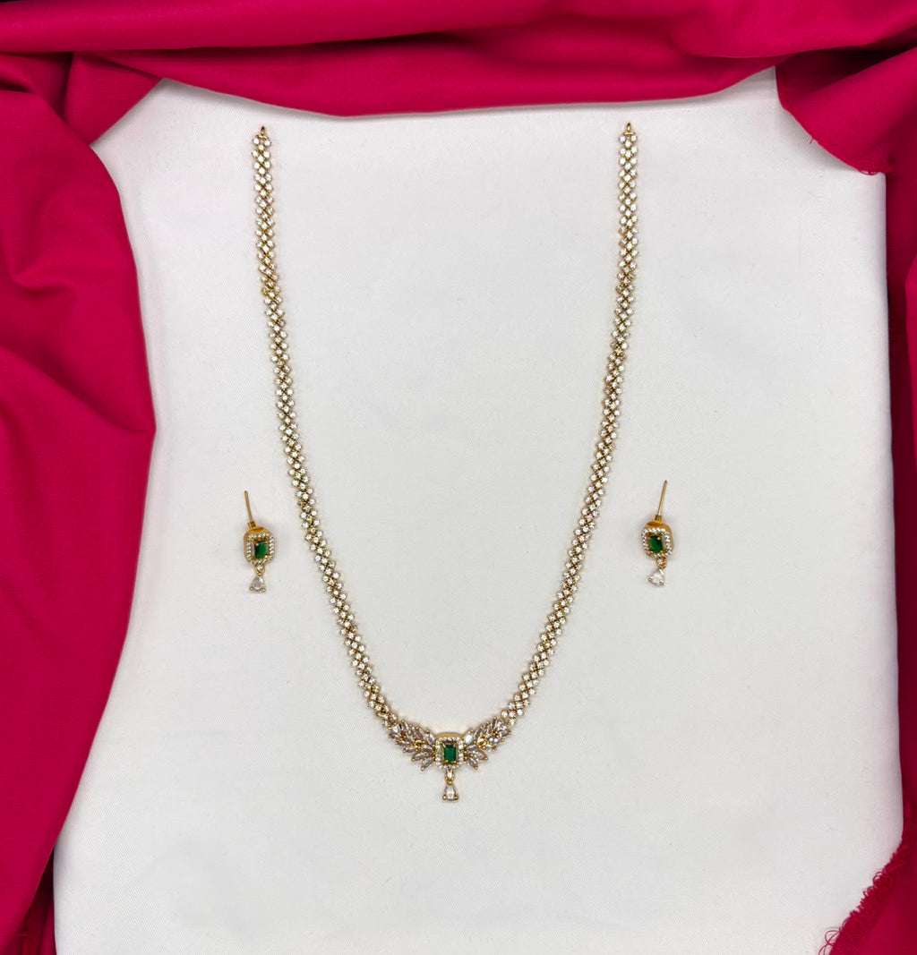 Matte finishing emerald and white American diamond Long Necklace