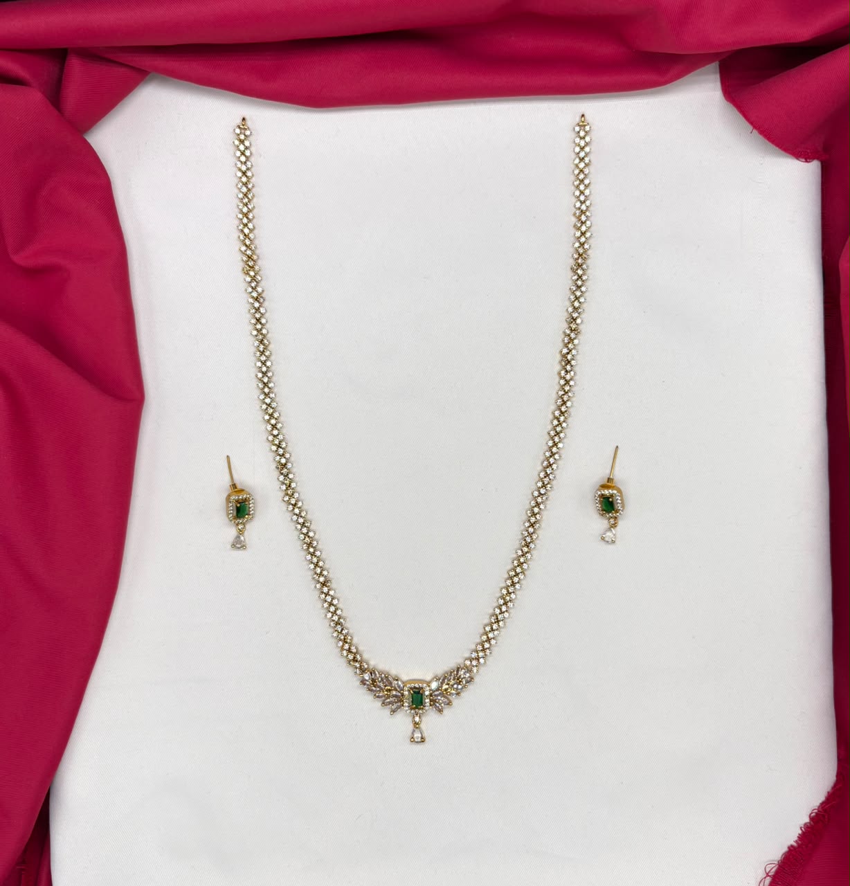 Matte finishing emerald and white American diamond Long Necklace