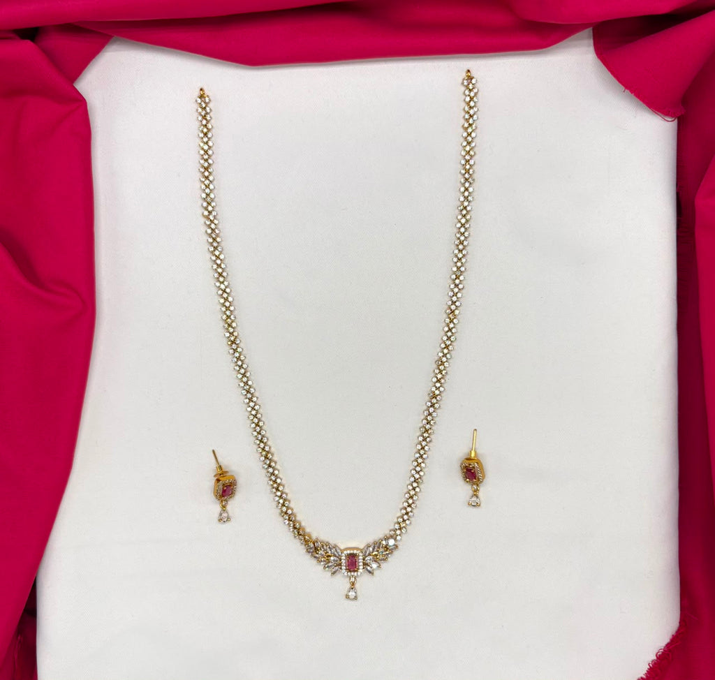 Matte finishing emerald and white American diamond Long Necklace