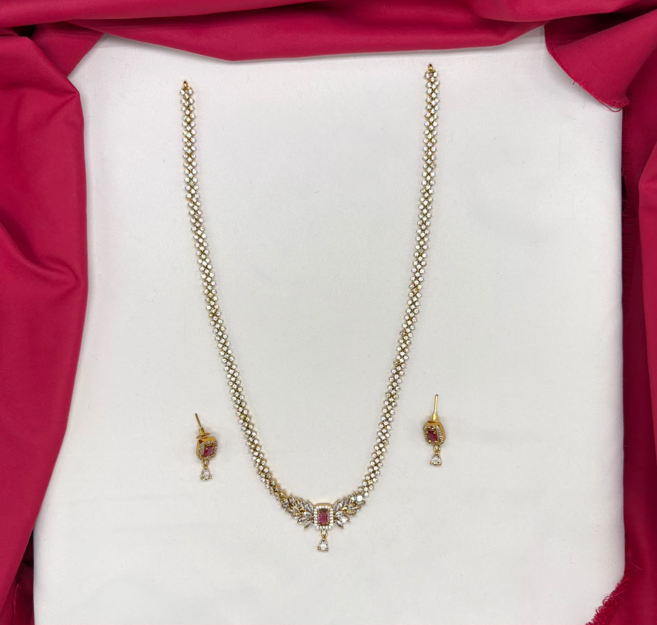 Matte finishing emerald and white American diamond Long Necklace