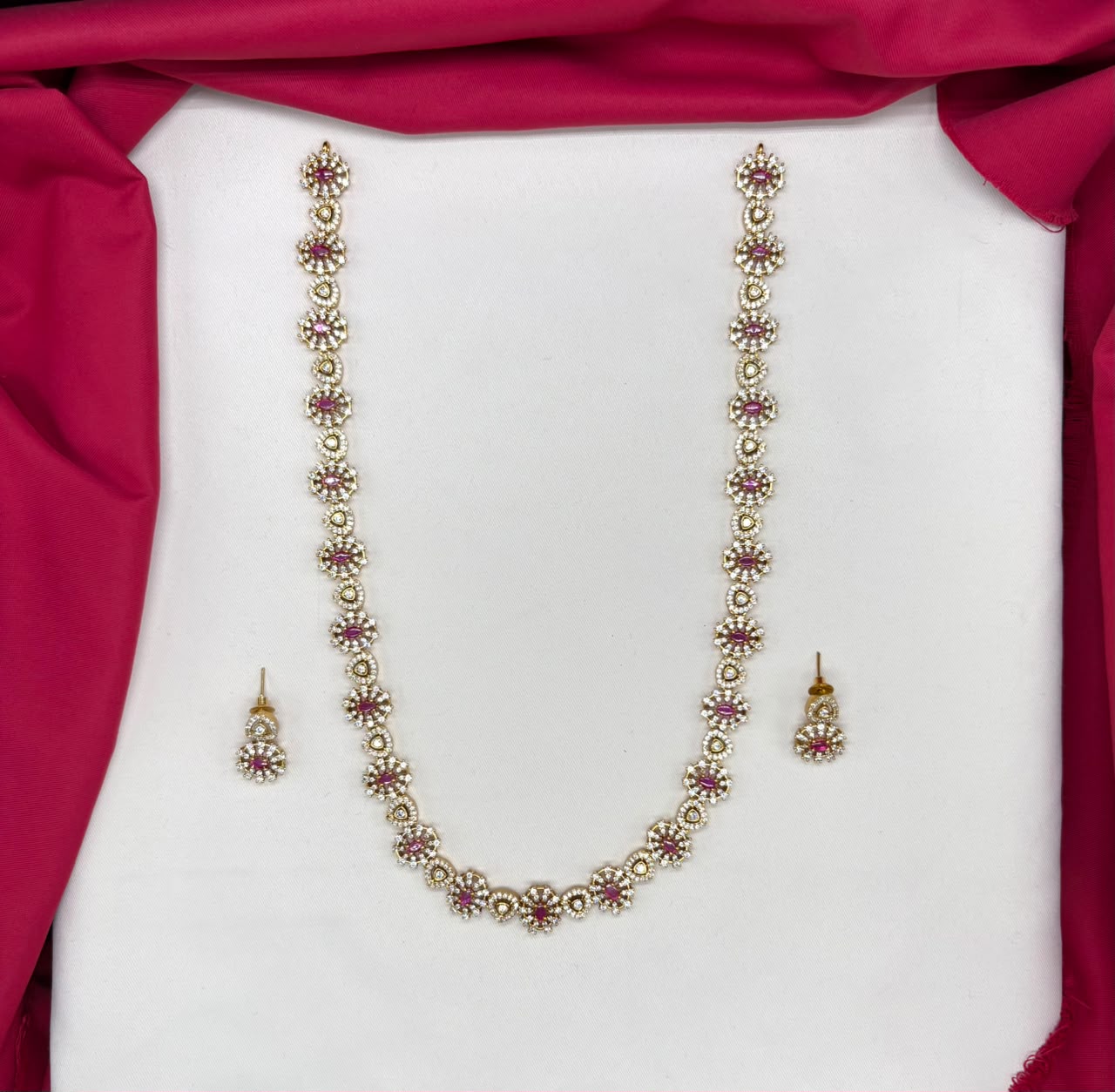 Matte finishing floral design Red-colored stones Long Necklace