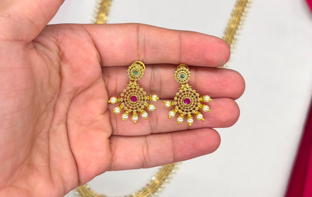 matte finishing multi-color stones with pearls long haram Necklace