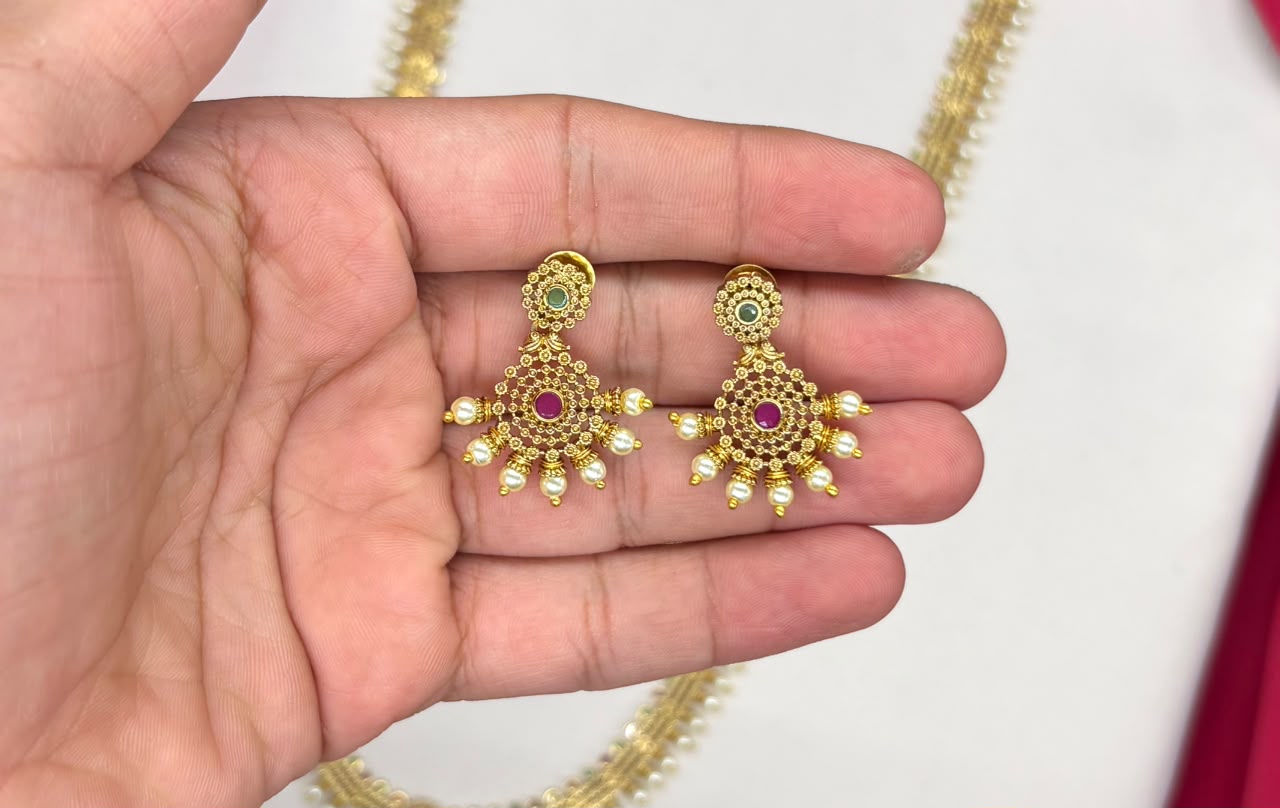 matte finishing multi-color stones with pearls long haram Necklace