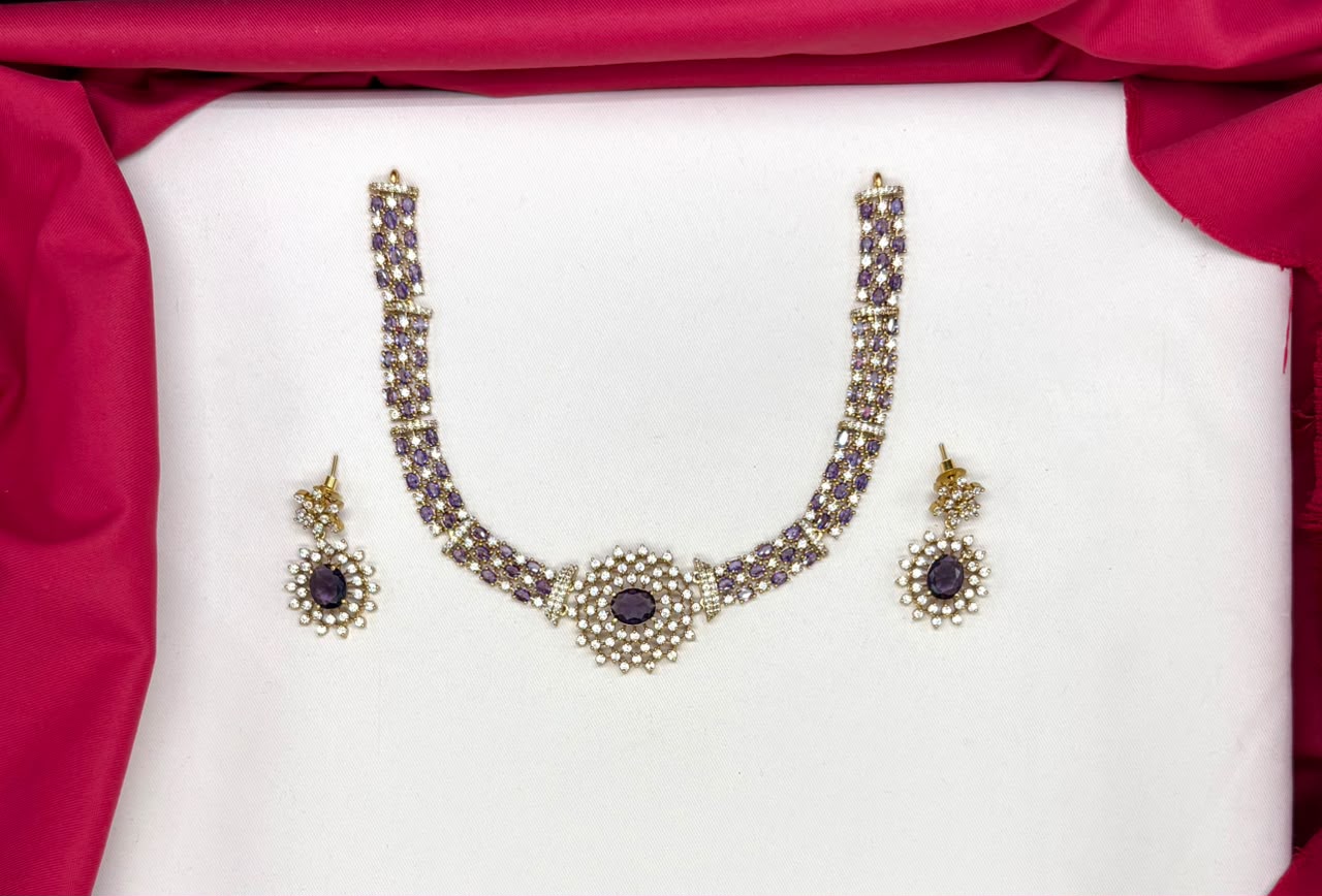 elegant American Diamond emerald Purple stones choker short Necklace