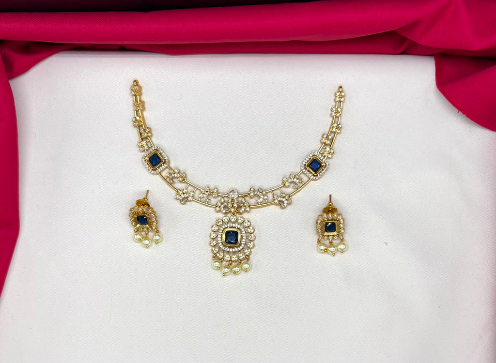 Matte finishing Blue stones with pearls short Necklace