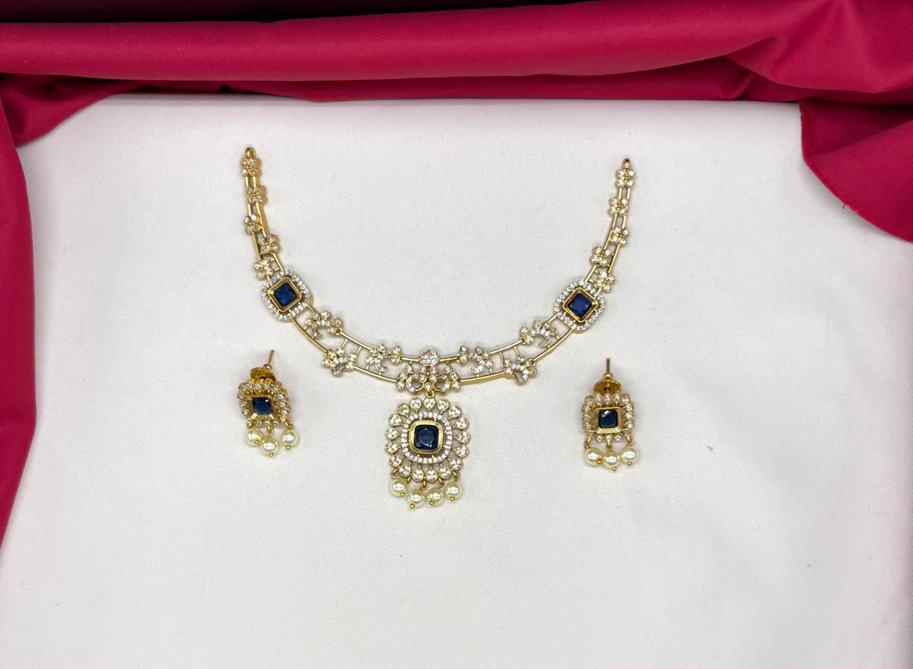 Matte finishing Blue stones with pearls short Necklace