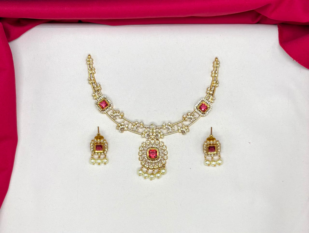 Matte finishing Red stones with pearls short Necklace