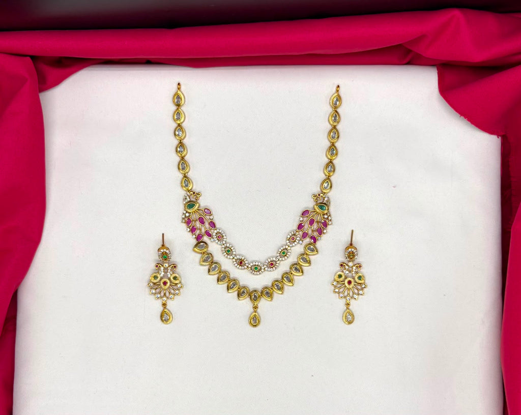 matte finishing peacock design multi stones Short Necklace