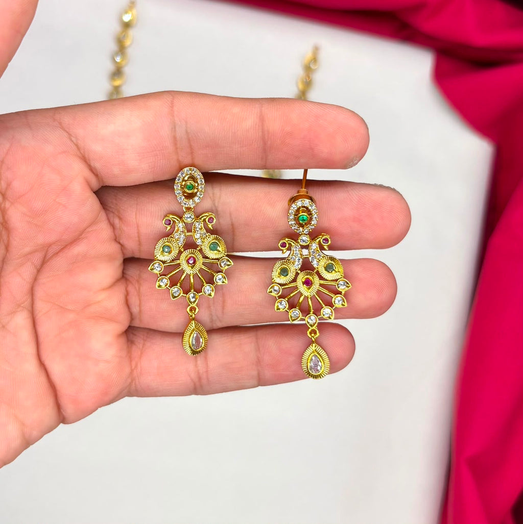 matte finishing peacock design multi stones Short Necklace