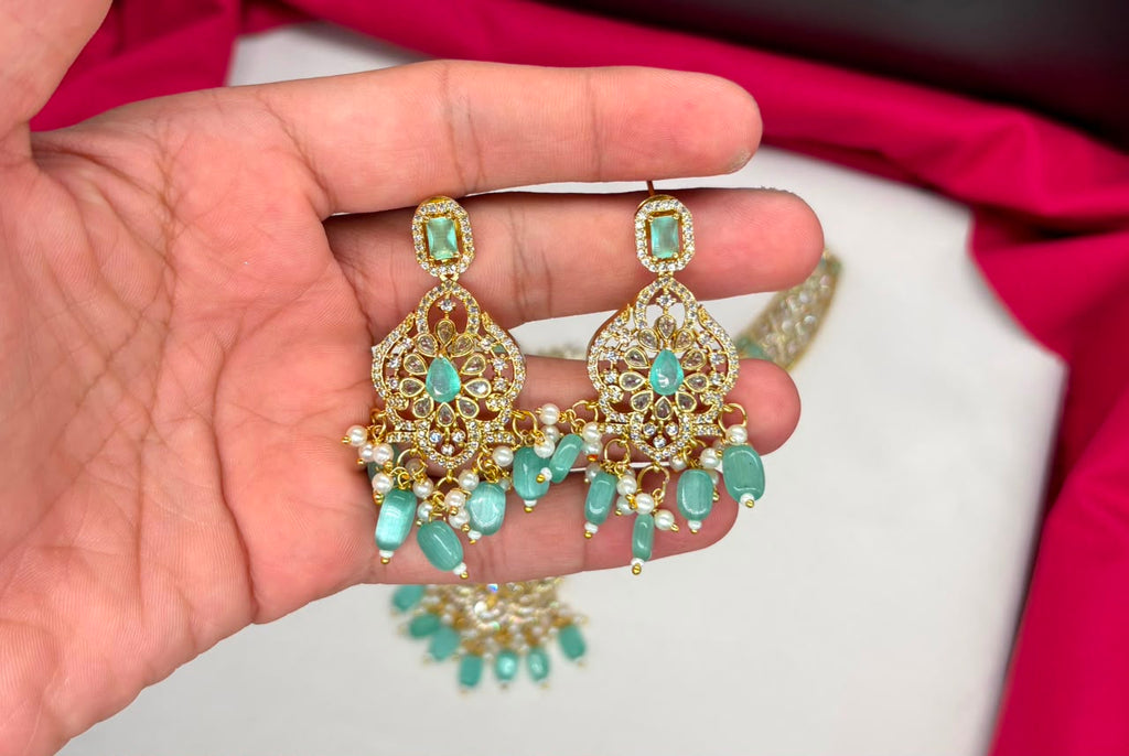 mate finishing peacock with Mint-Green stones Short Necklace