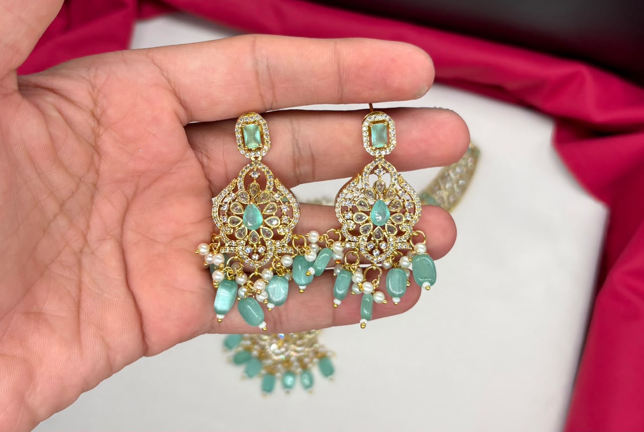 mate finishing peacock with Mint-Green stones Short Necklace