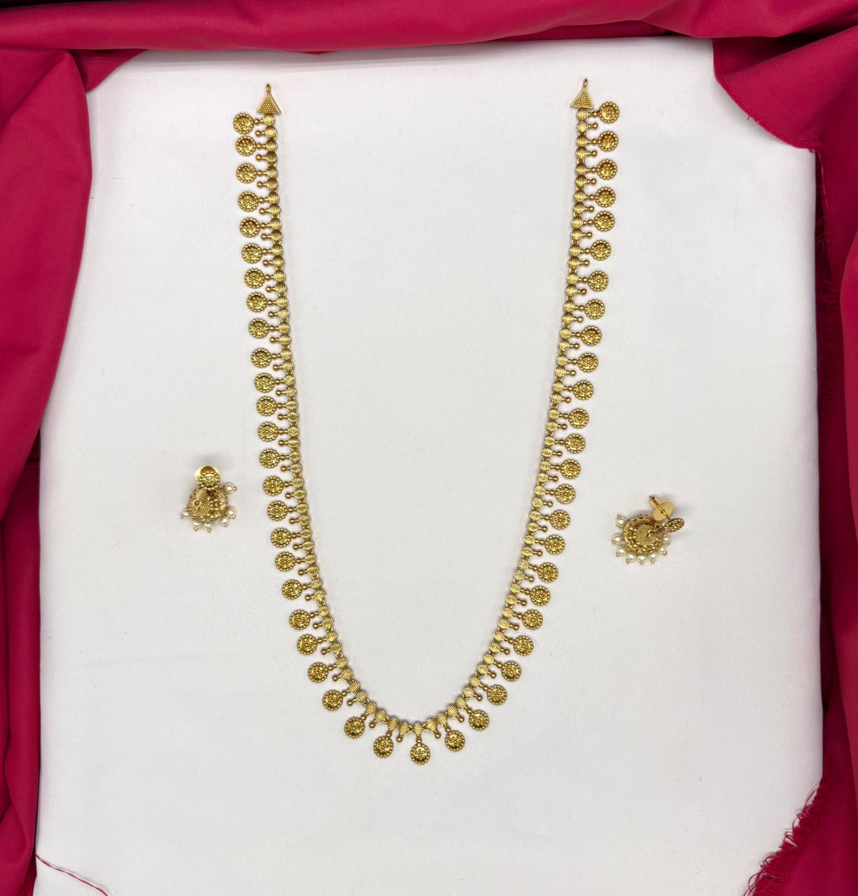 Matte finishing traditional temple features intricate coin motifs Long Necklace