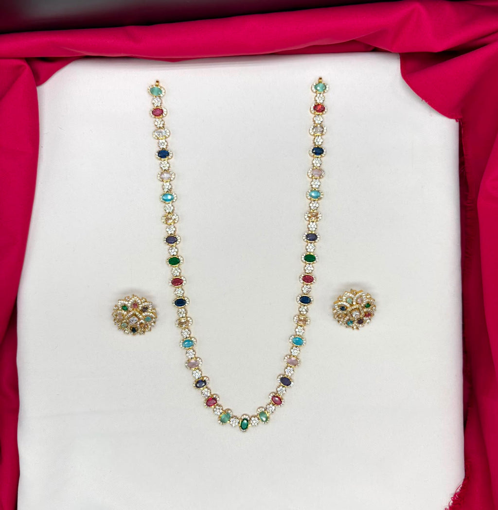 Navaratnam floral design multi-colored Long haram Necklace