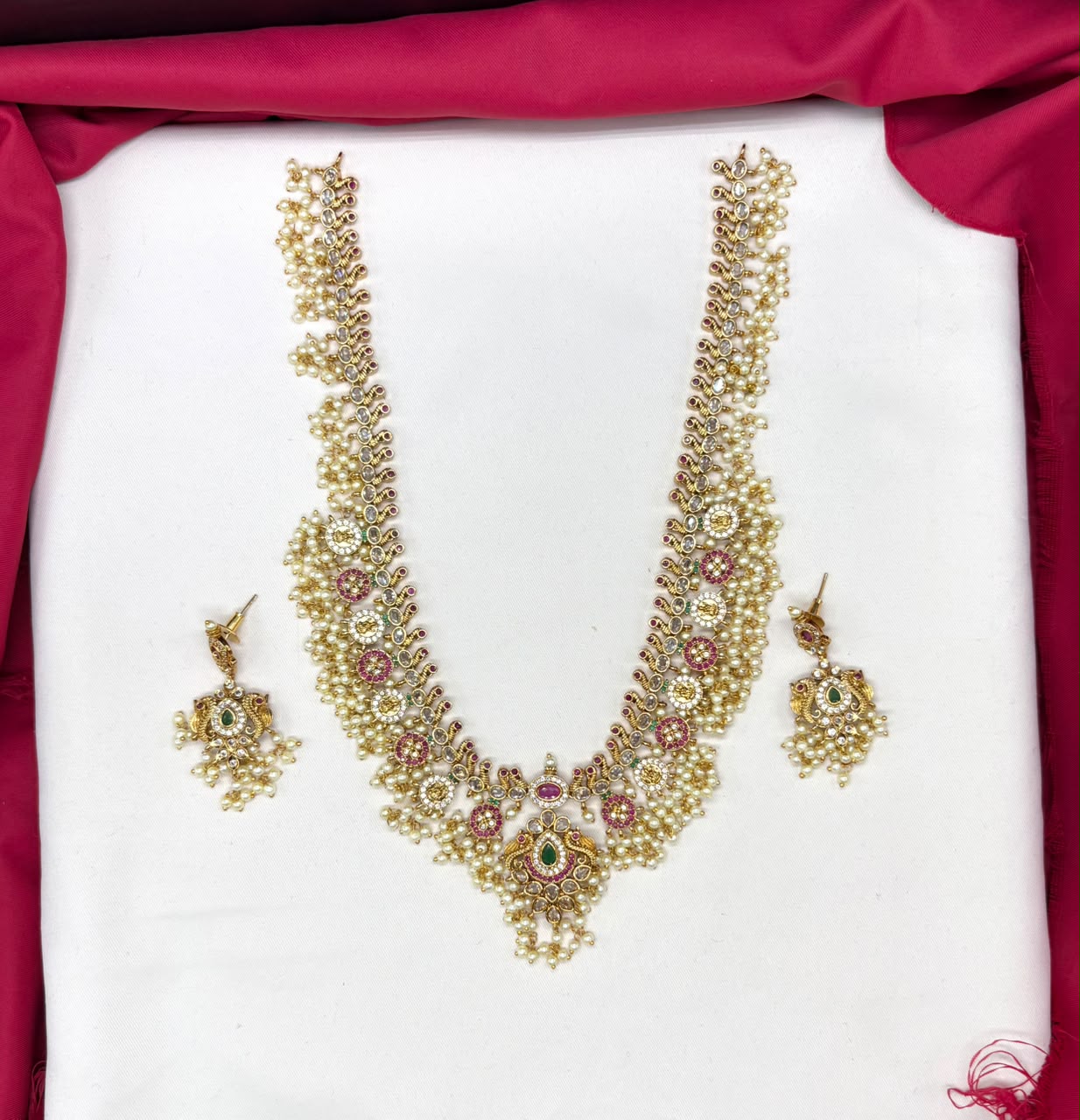 Matte finishing features intricate Kundan work pearl beads Long Harman