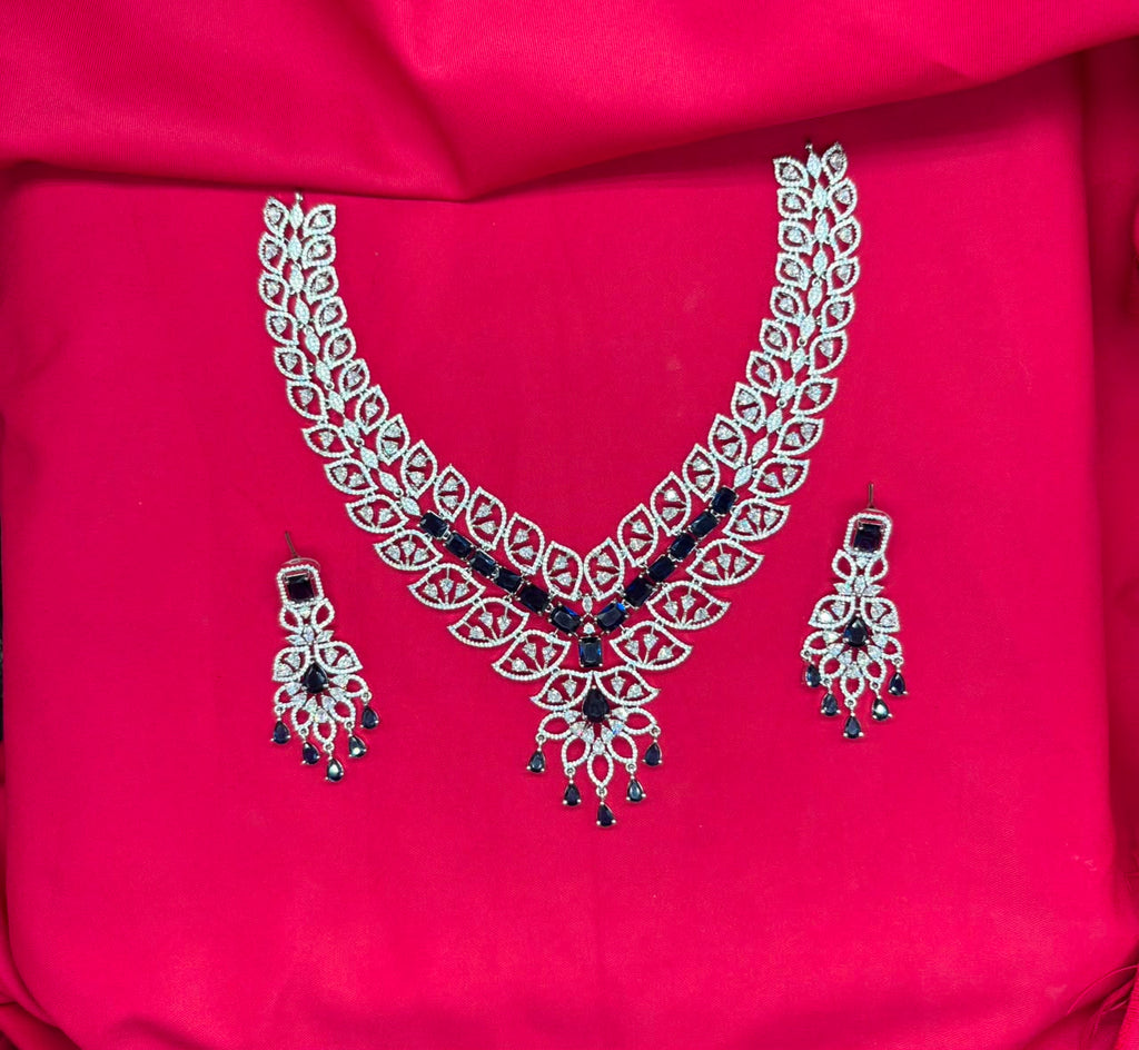 Sliver finishing American Diamond Blue and White leaf design stones Necklace