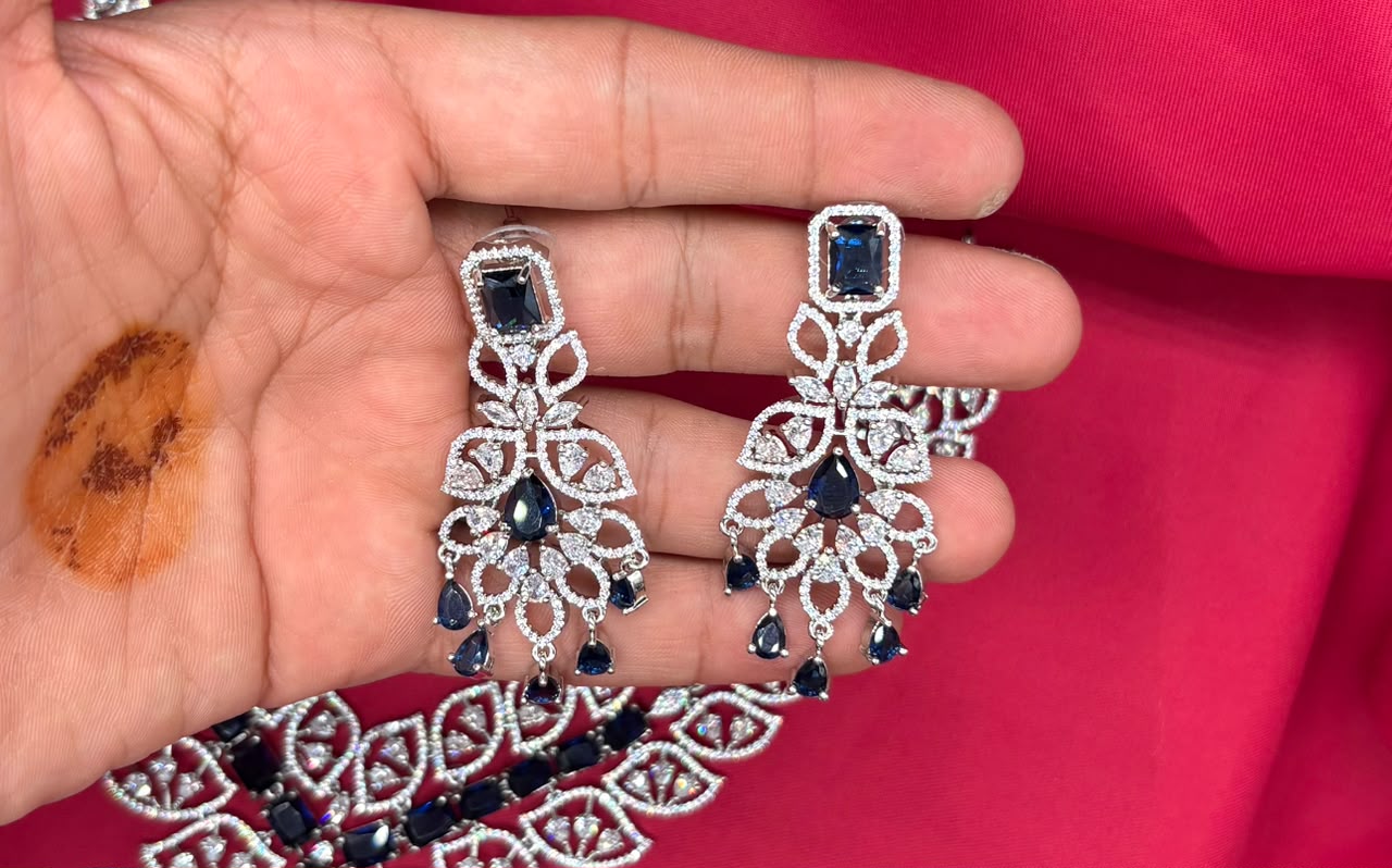 Sliver finishing American Diamond Blue and White leaf design stones Necklace