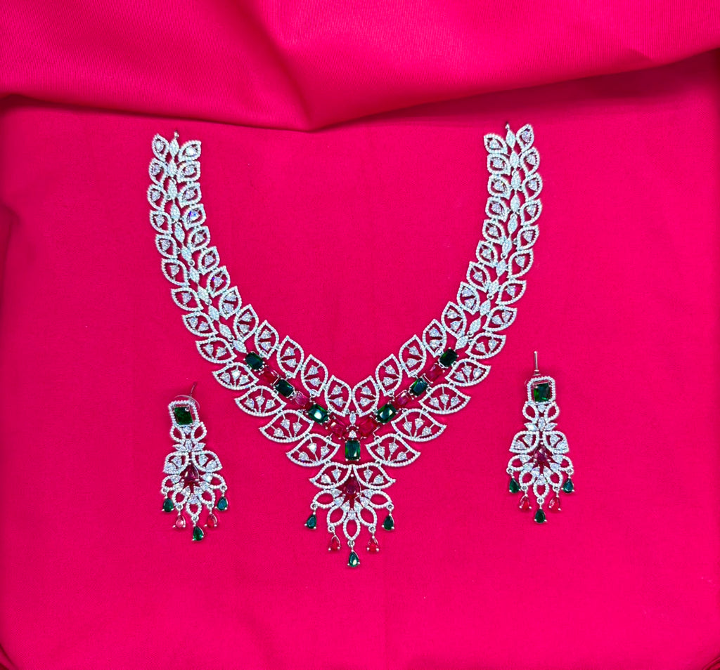 Sliver finishing American Diamond Multi-stones leaf design stones Necklace