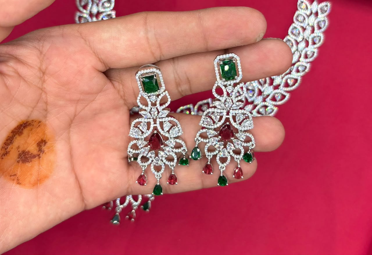 Sliver finishing American Diamond Multi-stones leaf design stones Necklace