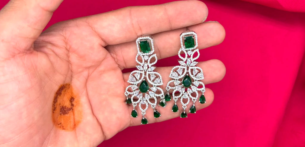 Sliver finishing American Diamond Green stones leaf design stones Necklace