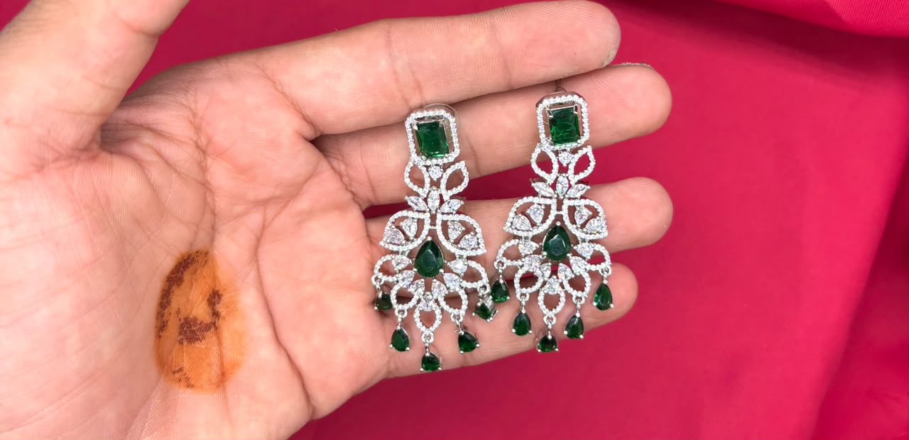 Sliver finishing American Diamond Green stones leaf design stones Necklace