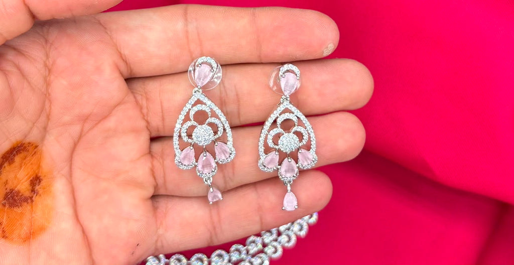 Silver finishing features white rhodium plated zircon with Baby-pink stones short Necklace