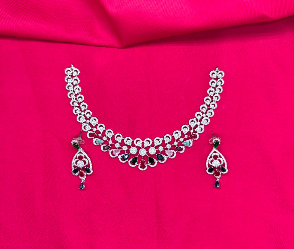 Silver finishing features white rhodium plated zircon with Multi-stones short Necklace