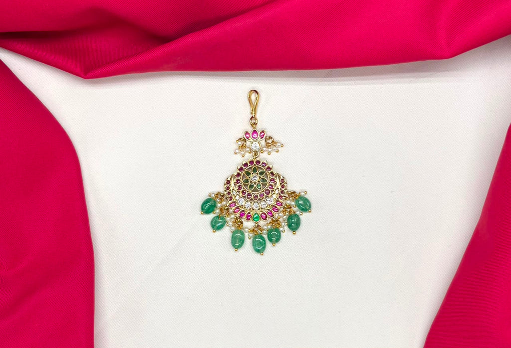 Jadau kundan finishing floral design green beads Chand design Maang Tikka