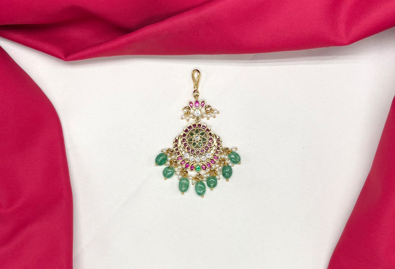 Jadau kundan finishing floral design green beads Chand design Maang Tikka