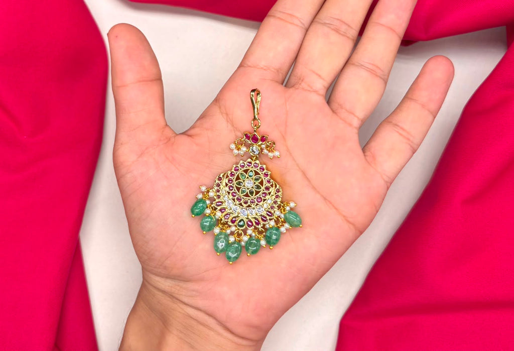 Jadau kundan finishing floral design green beads Chand design Maang Tikka