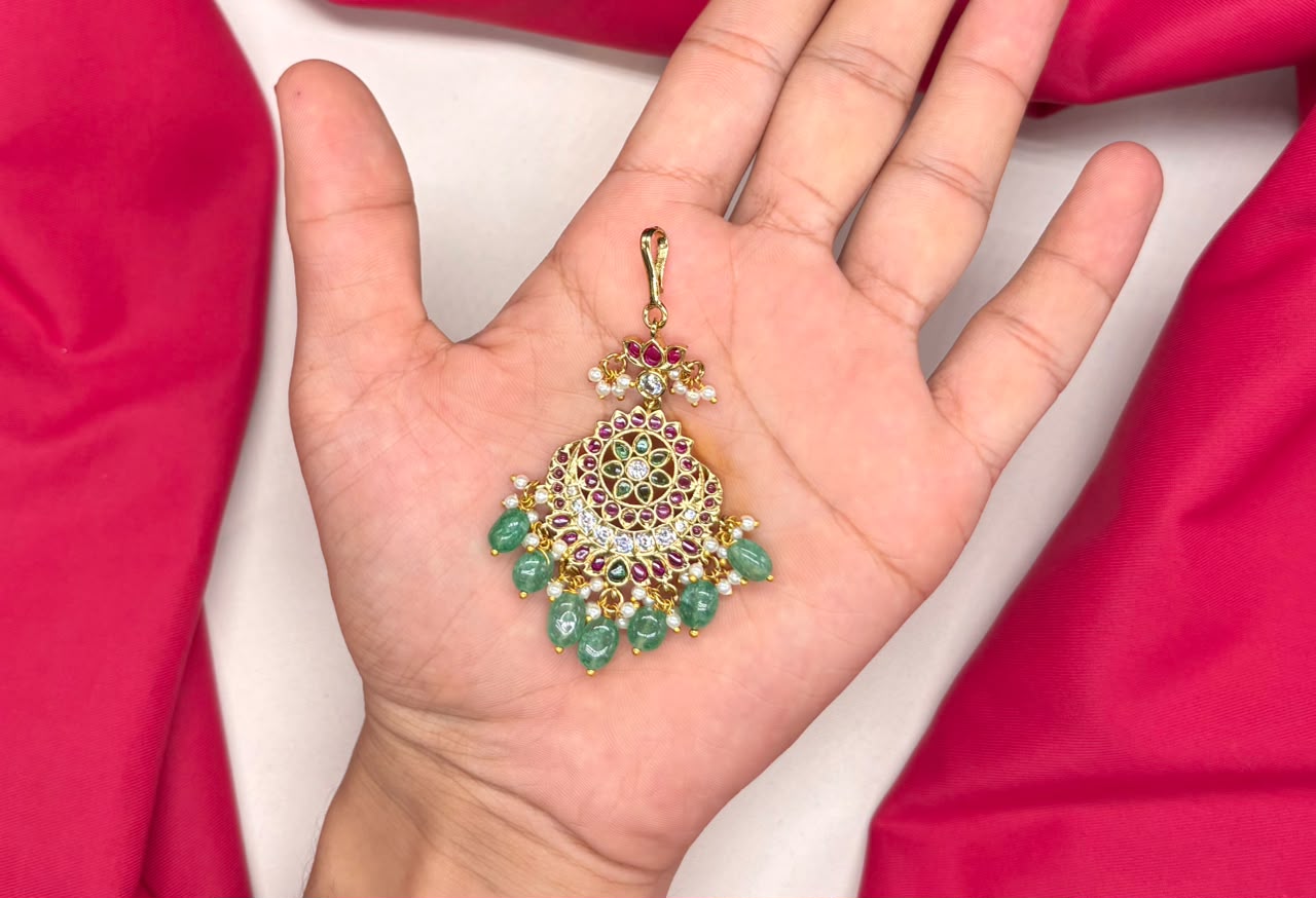 Jadau kundan finishing floral design green beads Chand design Maang Tikka