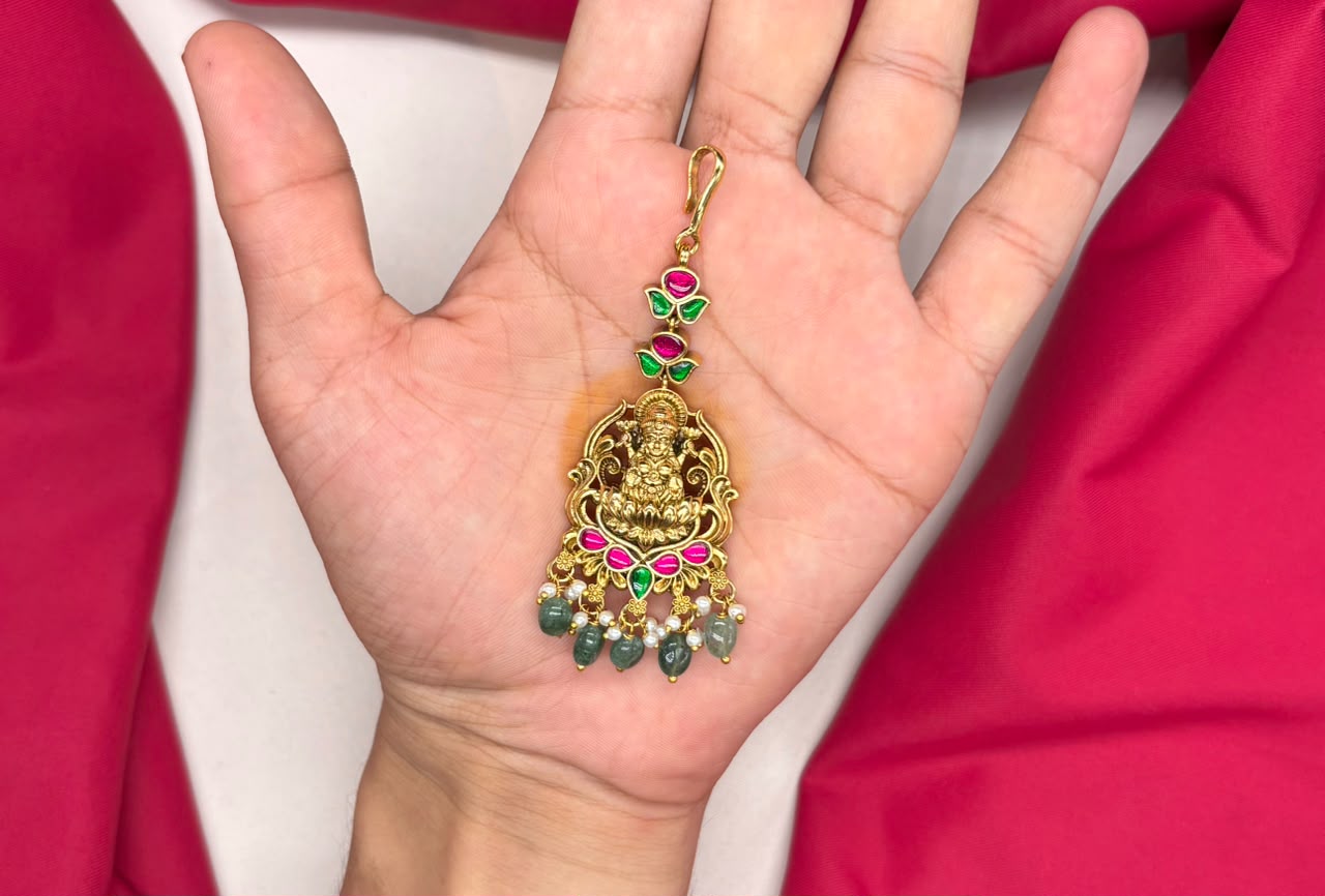 Jadau Kundan finishing with Lord Lakshmi Design Maang Tikka