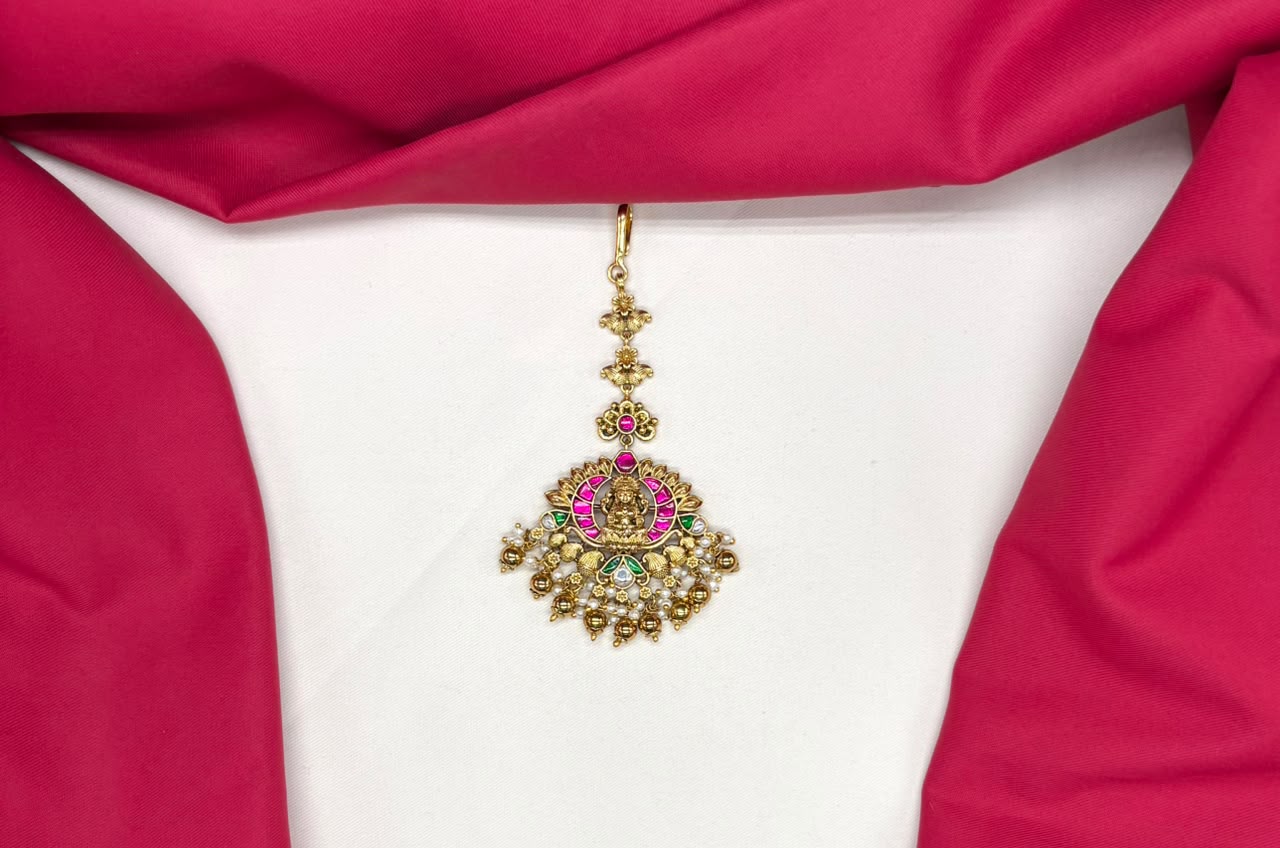 Jadau Kundan finishing with Lord Lakshmi Design with golden balls Maang Tikka