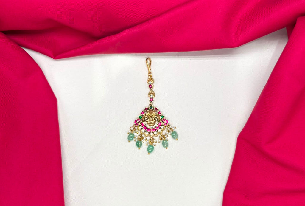 Jadau Kundan finishing with pink stones lord lakshmi Maang Tikk