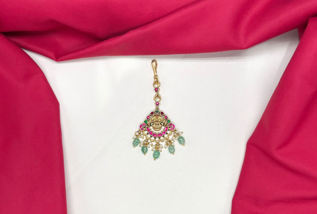 Jadau Kundan finishing with pink stones lord lakshmi Maang Tikk