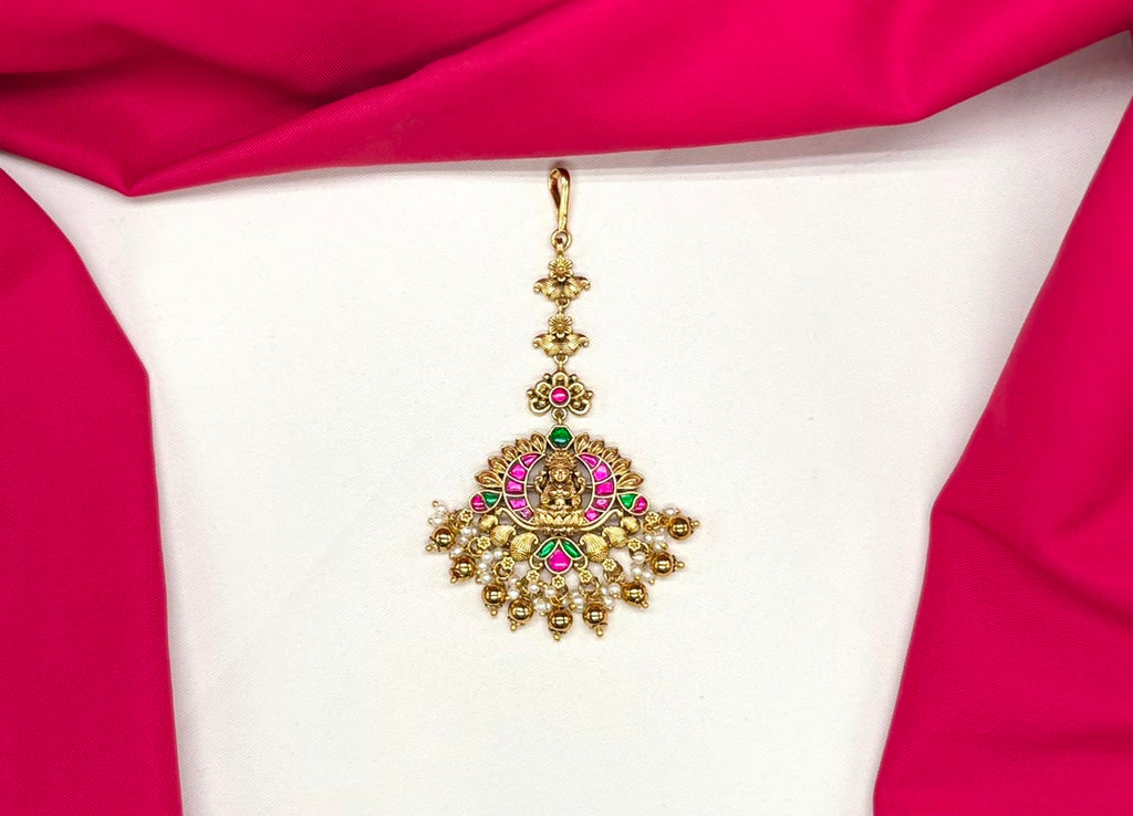 Jadau Kundan finishing with pink & green stones lord lakshmi Maang Tikka