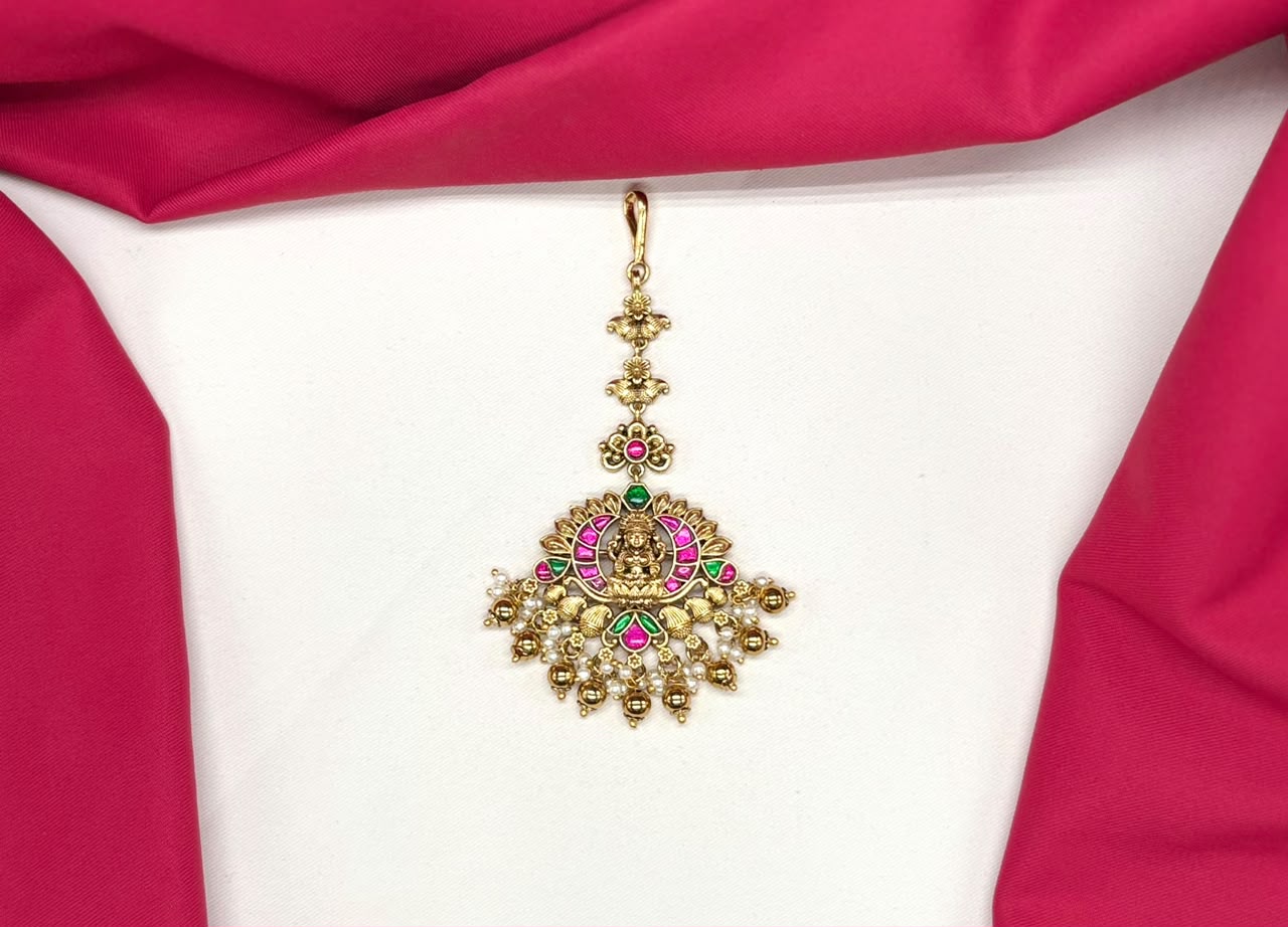 Jadau Kundan finishing with pink & green stones lord lakshmi Maang Tikka