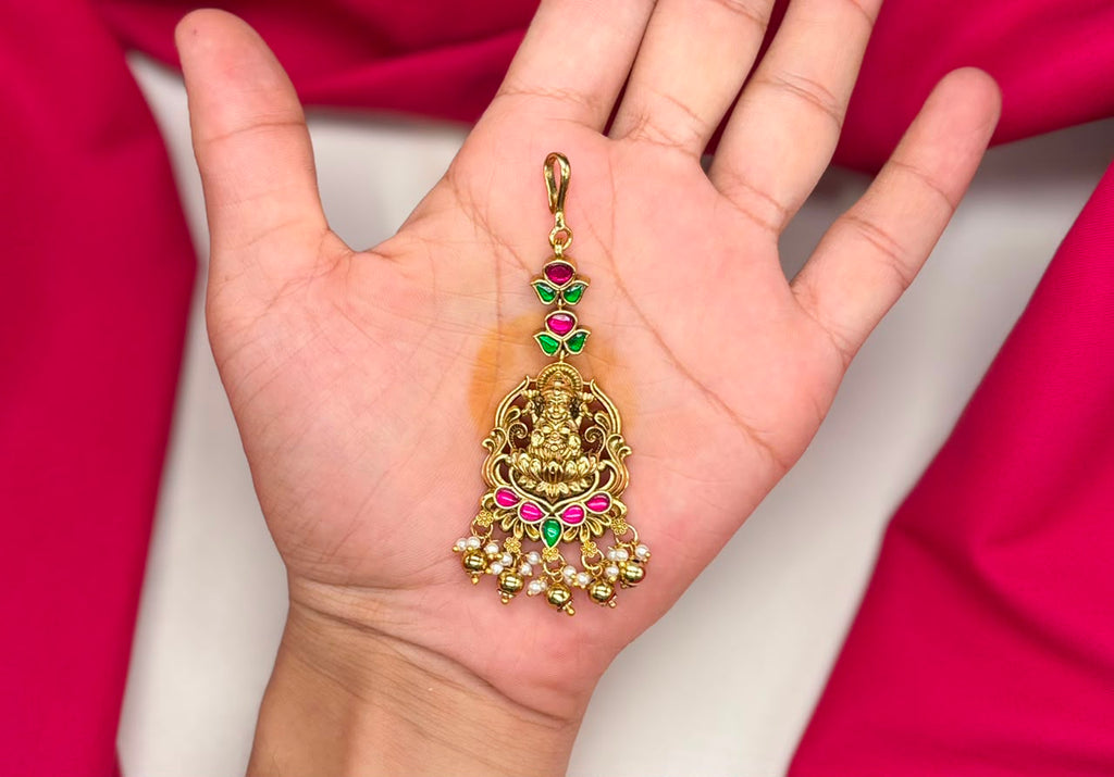 Jadau Kundan finishing Golden Balls lord Lakshmi Maang Tikka