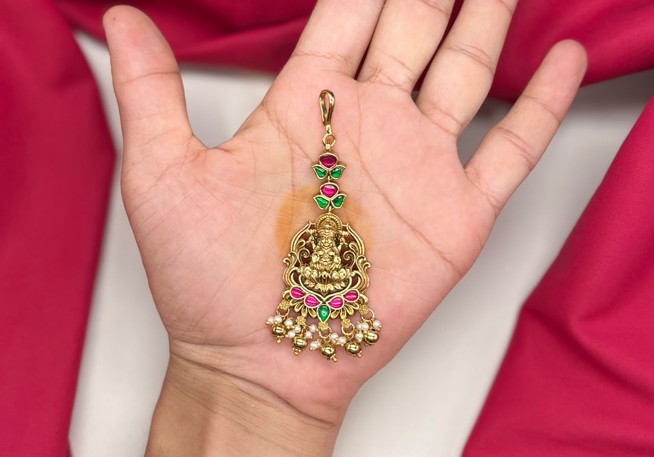 Jadau Kundan finishing Golden Balls lord Lakshmi Maang Tikka