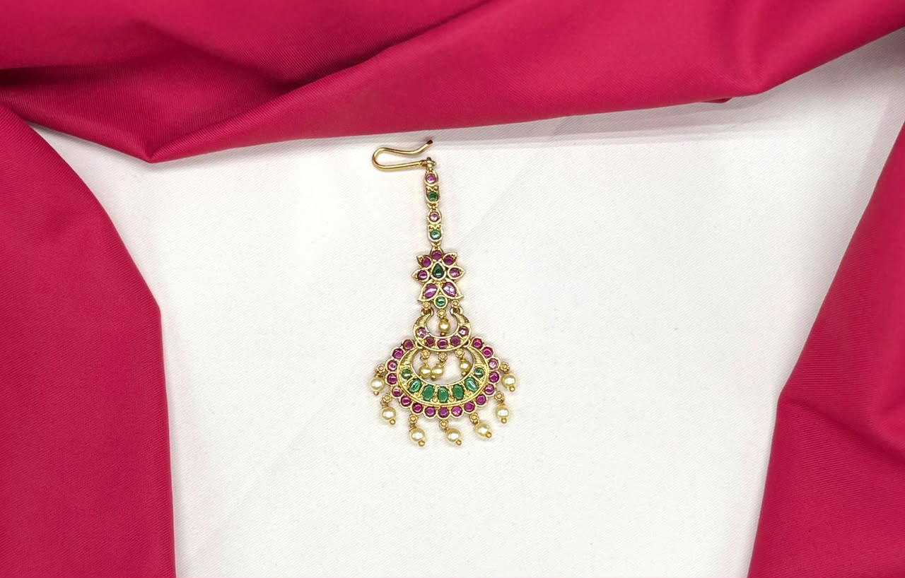Jadau Kundan finishing Floral design with pearls  Maang Tikka