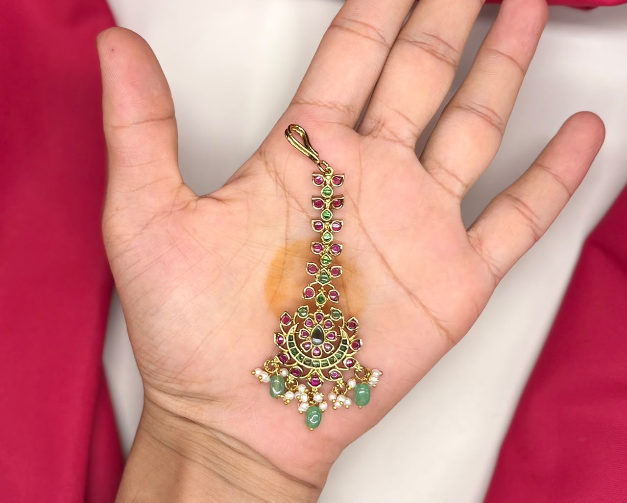 Jadau Kundan finishing Floral design green beads Maang Tikka