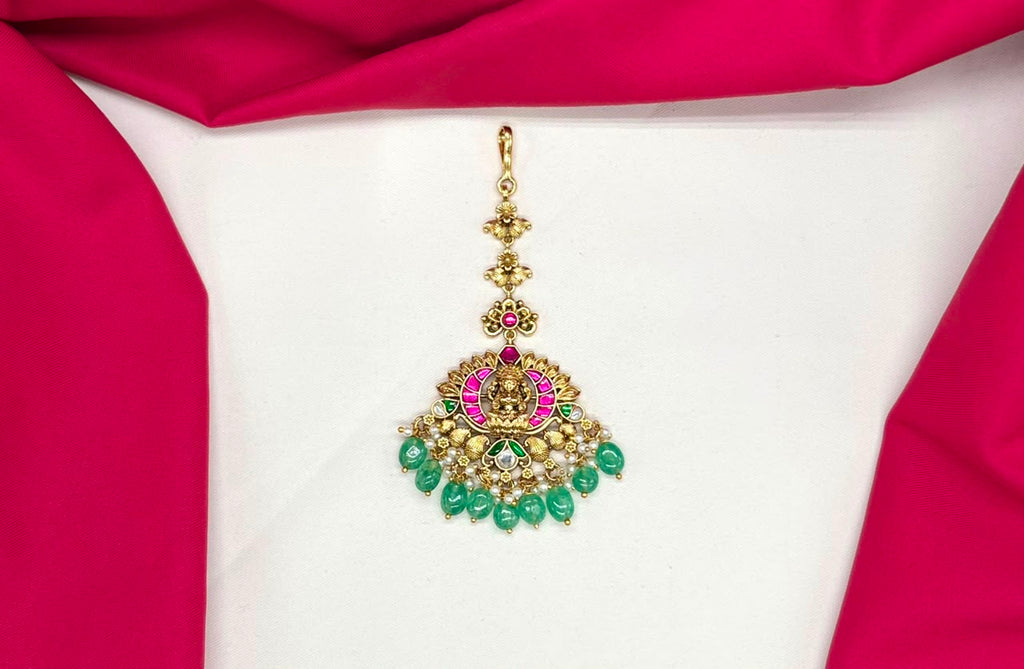 Jadau Kundan finishing Lord Lakshmi design green beads Maang Tikka