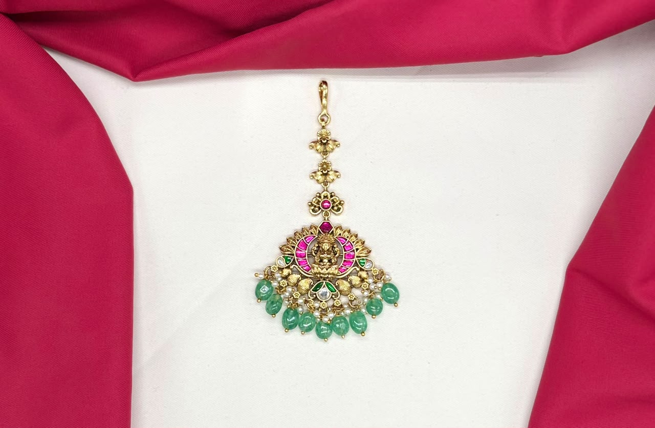Jadau Kundan finishing Lord Lakshmi design green beads Maang Tikka