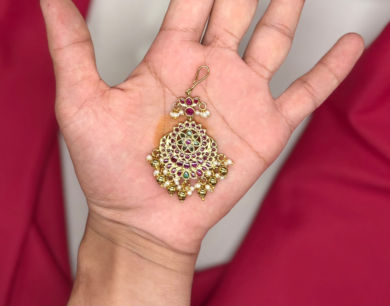 Jadau Kundan finishing Floral design Golden Balls Maang Tikka
