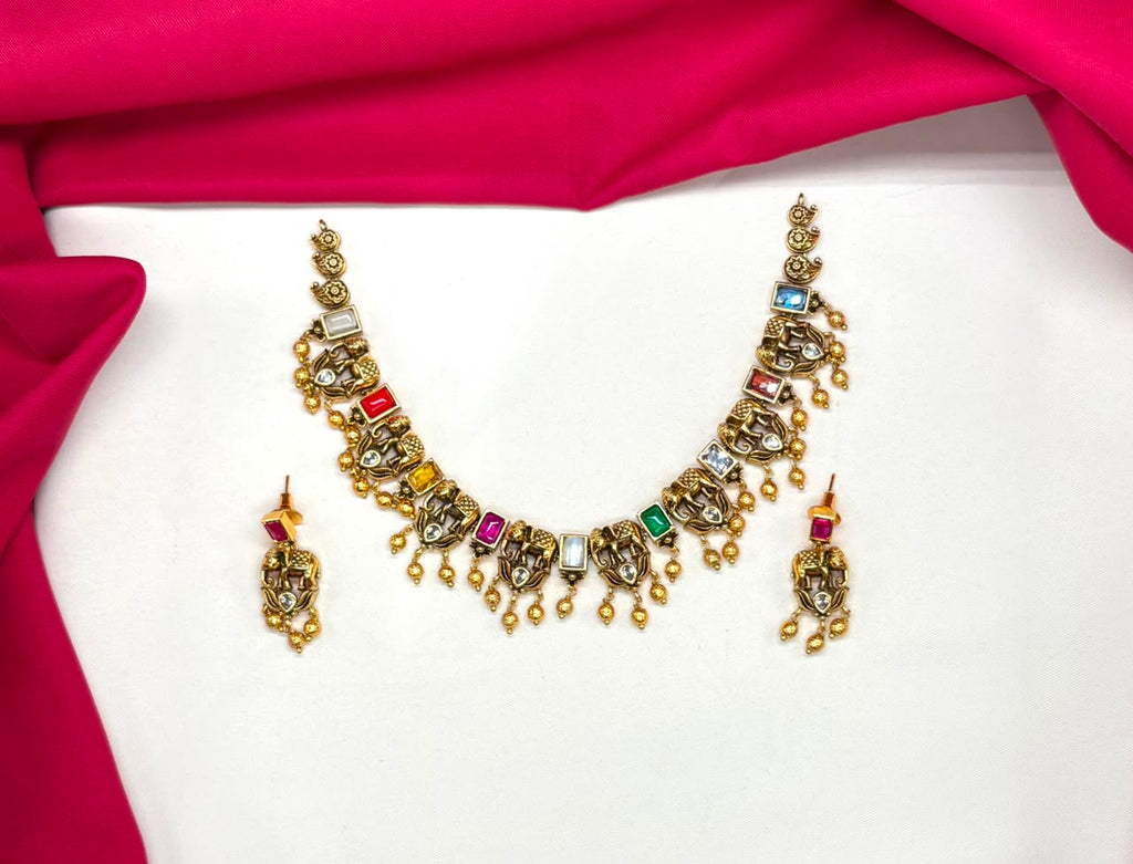 Premium Nakshi finishing Navratna features golden ball With elephant design Short Necklace
